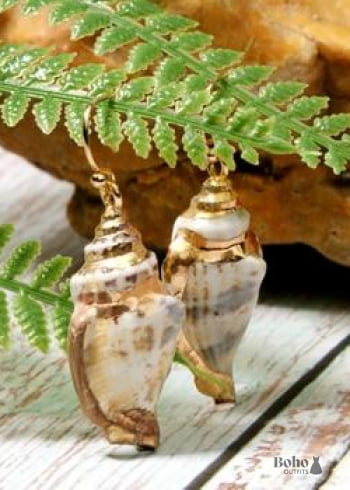 Boho Earrings, Dangle Earrings, Natural Shell with Gold